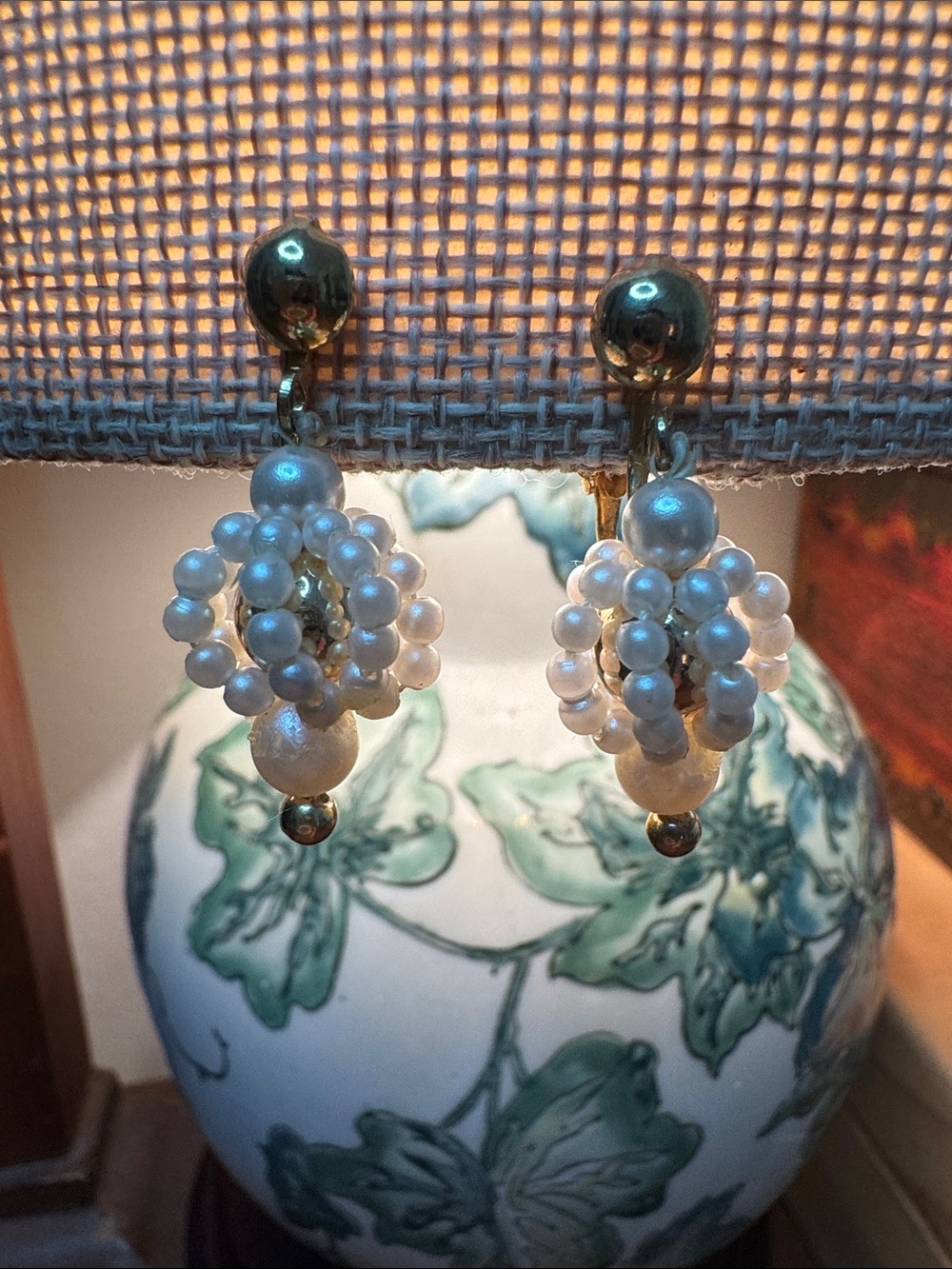 Vintage Pearl Cluster Drop Earrings - Cream and Gold Accents